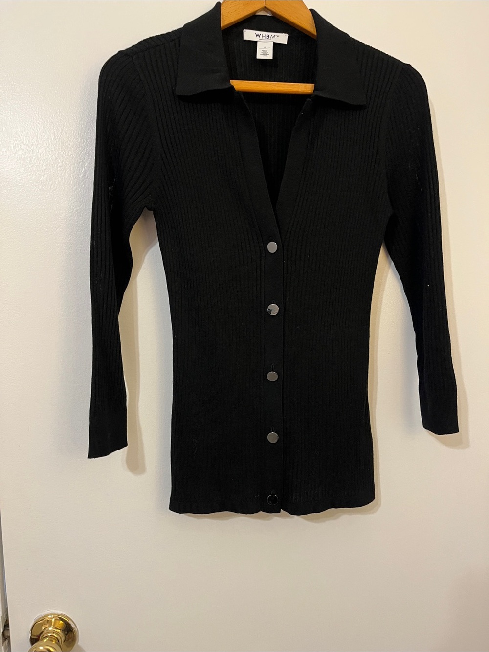 White House Black Market Black Ribbed Button-Front Long Sleeve top